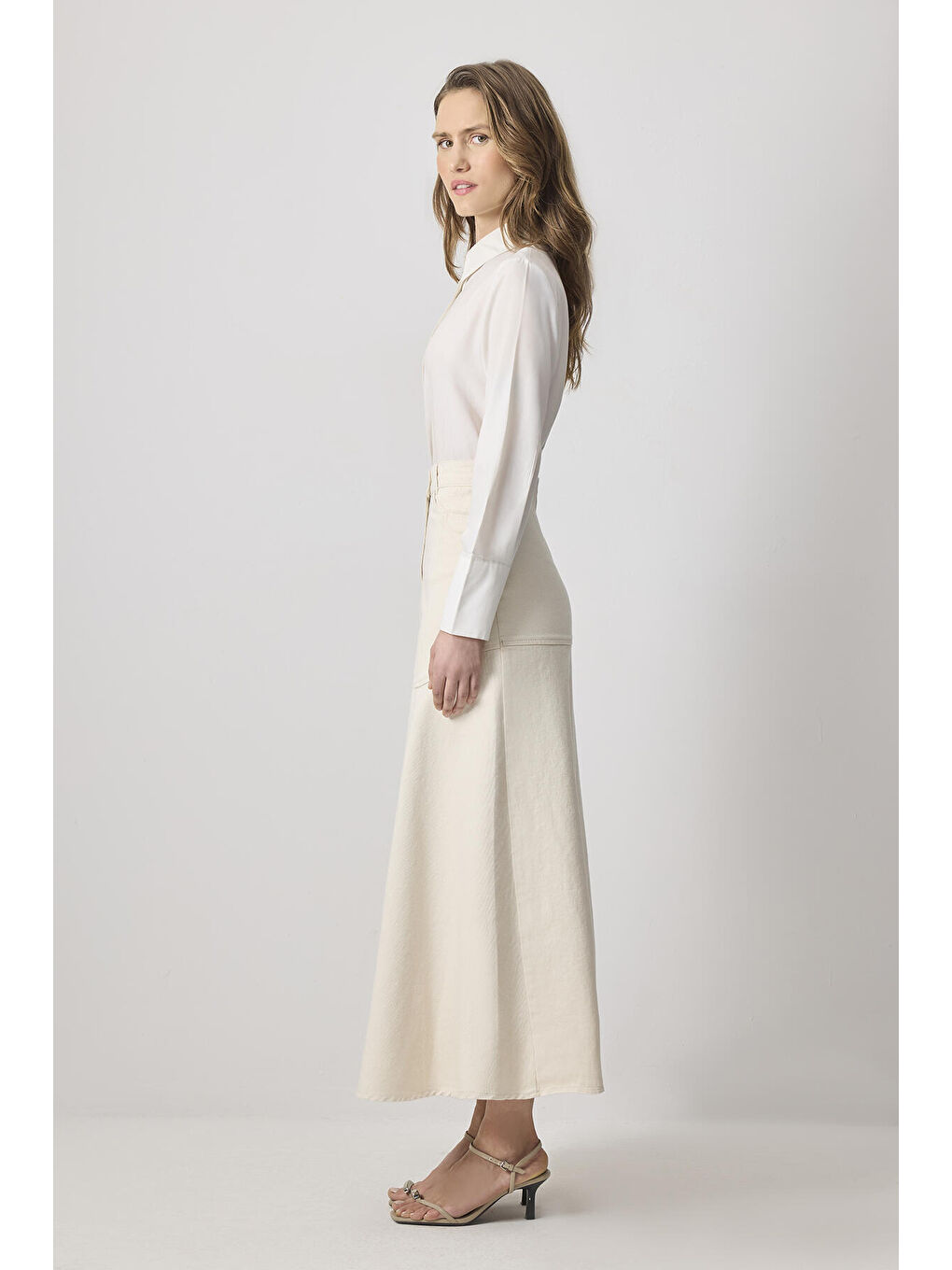 Bej Asimetrik Kesim Denim Etek-2