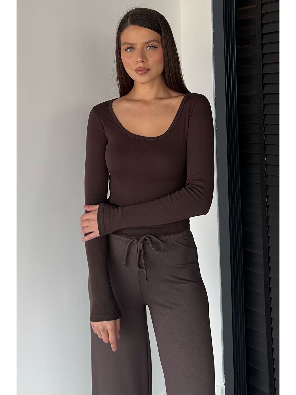 Kahverengi Kadın Uzun Kol Basic Elastanlı Slim Fit Body Bluz