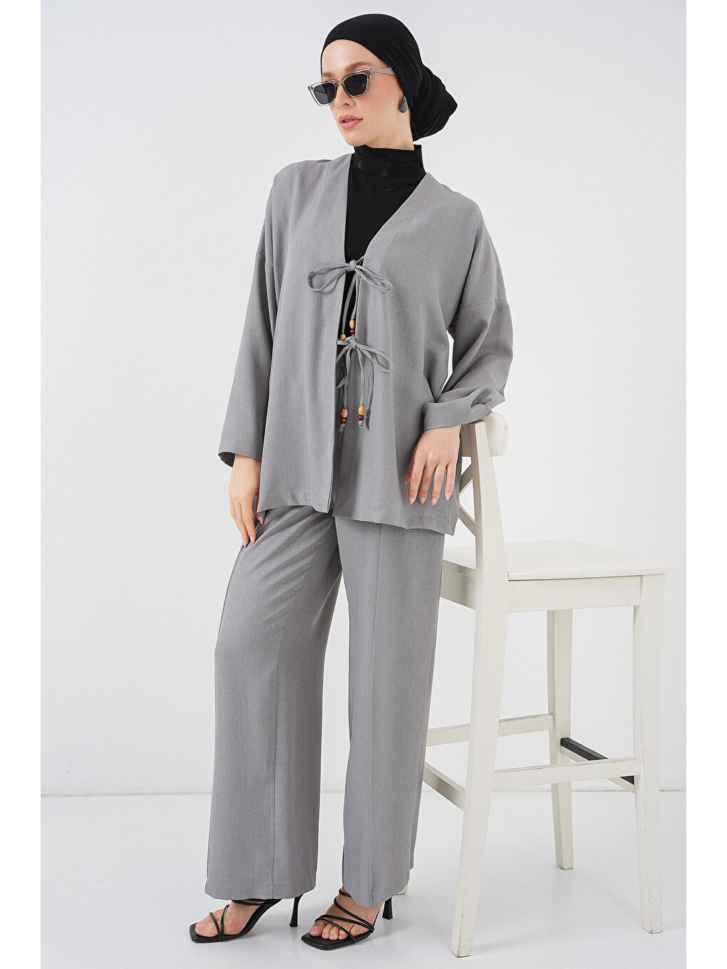Kadın Keten Kimono İkili Takım 6727 - Gri-1