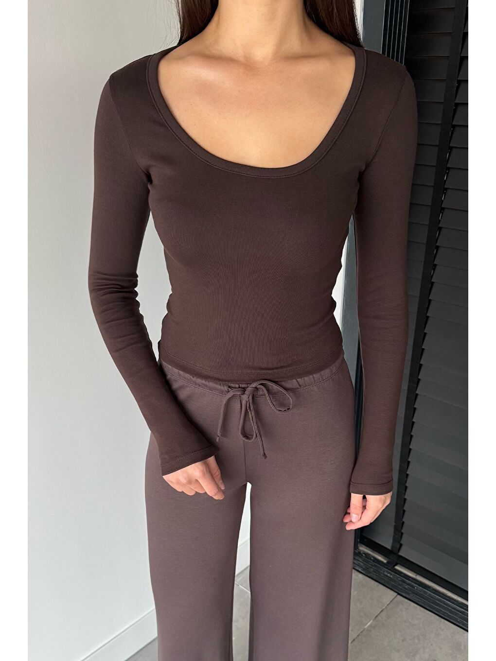 Kahverengi Kadın Uzun Kol Basic Elastanlı Slim Fit Body Bluz-1