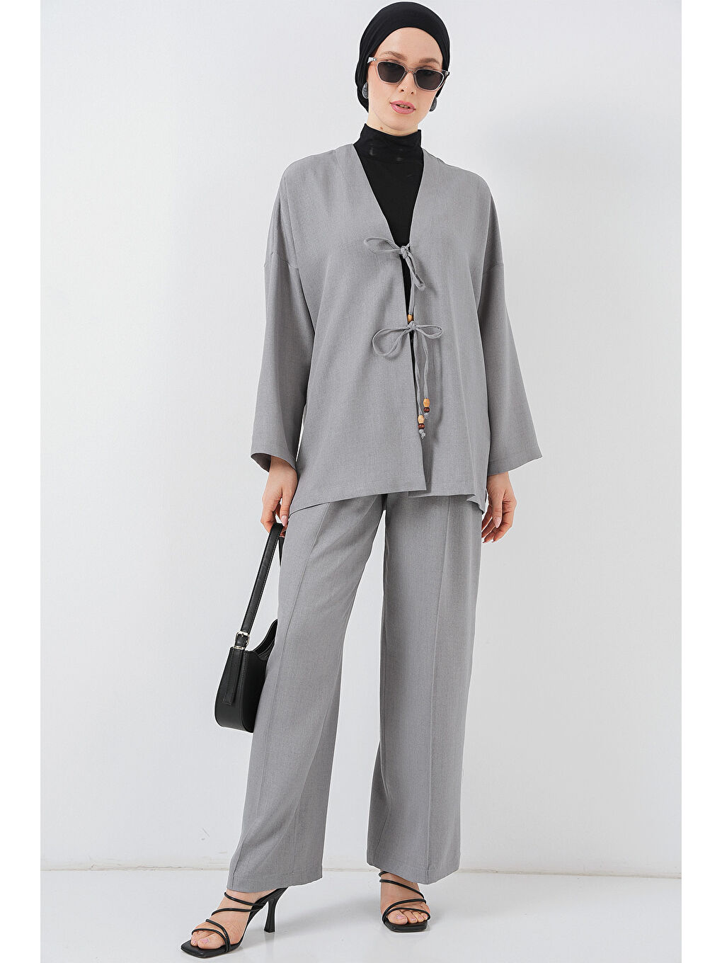 Kadın Keten Kimono İkili Takım 6727 - Gri-2
