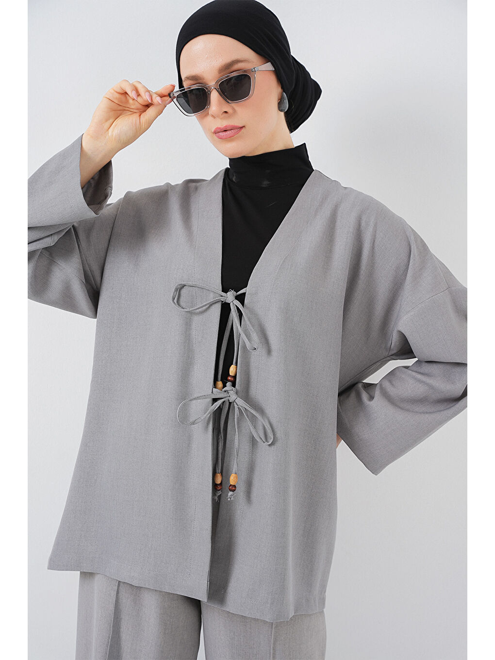 Kadın Keten Kimono İkili Takım 6727 - Gri-3