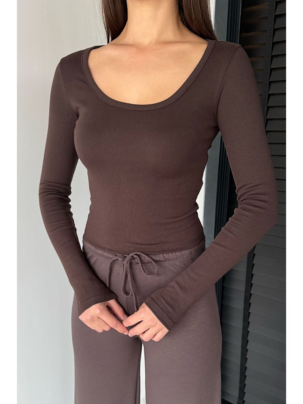 Kahverengi Kadın Uzun Kol Basic Elastanlı Slim Fit Body Bluz-2
