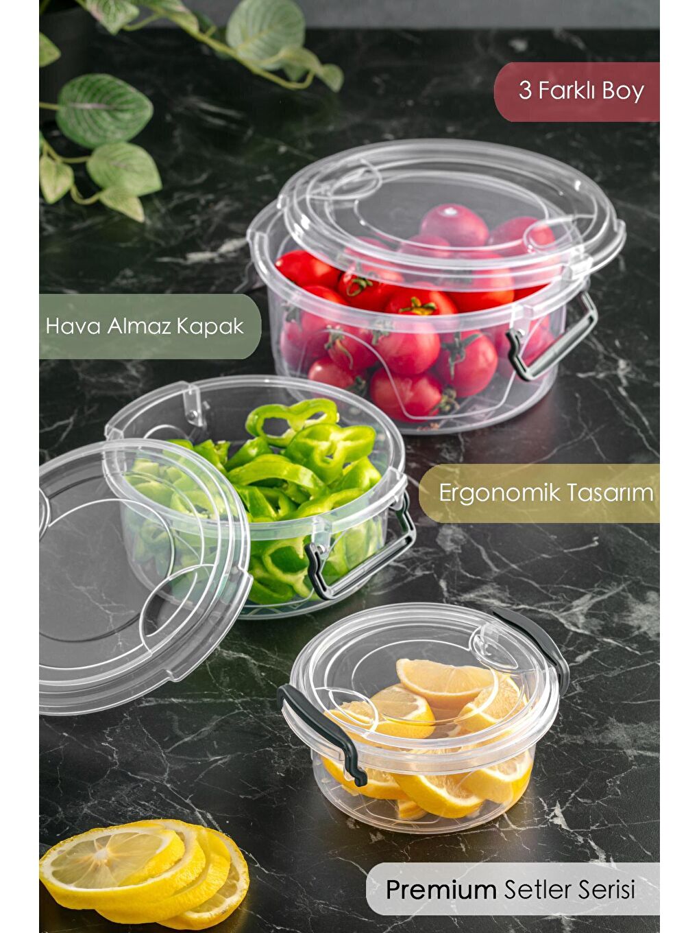 Renksiz 12'li Yuvarlak Saklama Kabı -Lenora Kilitlenebilir Kapaklı Sebze Meyve Erzak Kabı 4x(300-600-1200ml)-3