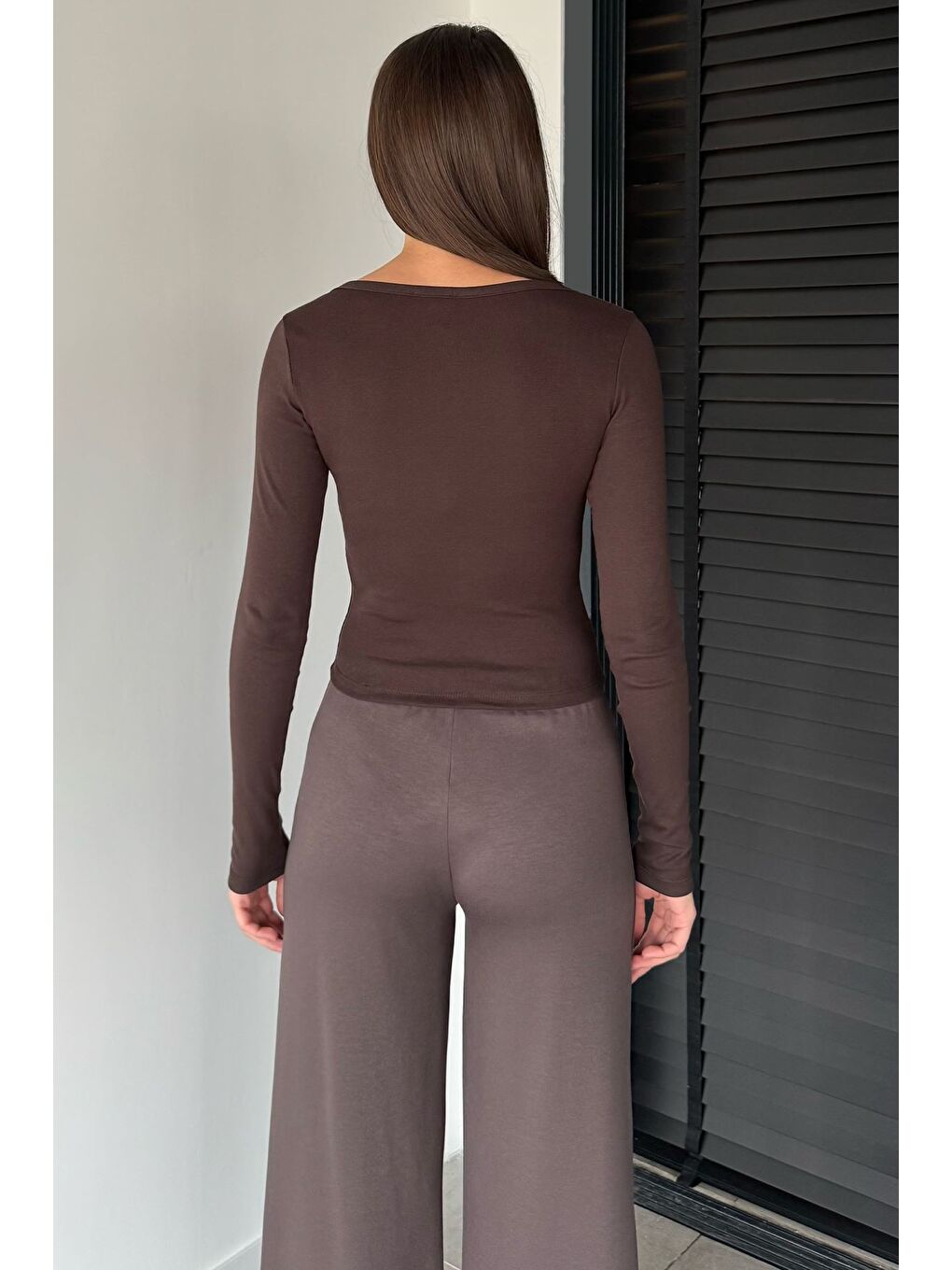 Kahverengi Kadın Uzun Kol Basic Elastanlı Slim Fit Body Bluz-3