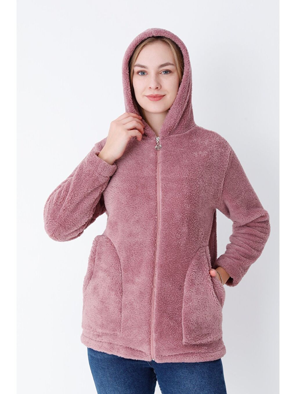 Kadın Lila Uzun Kollu Cepli Fermuarlı Kapüşonlu Pelüş Hırka-1