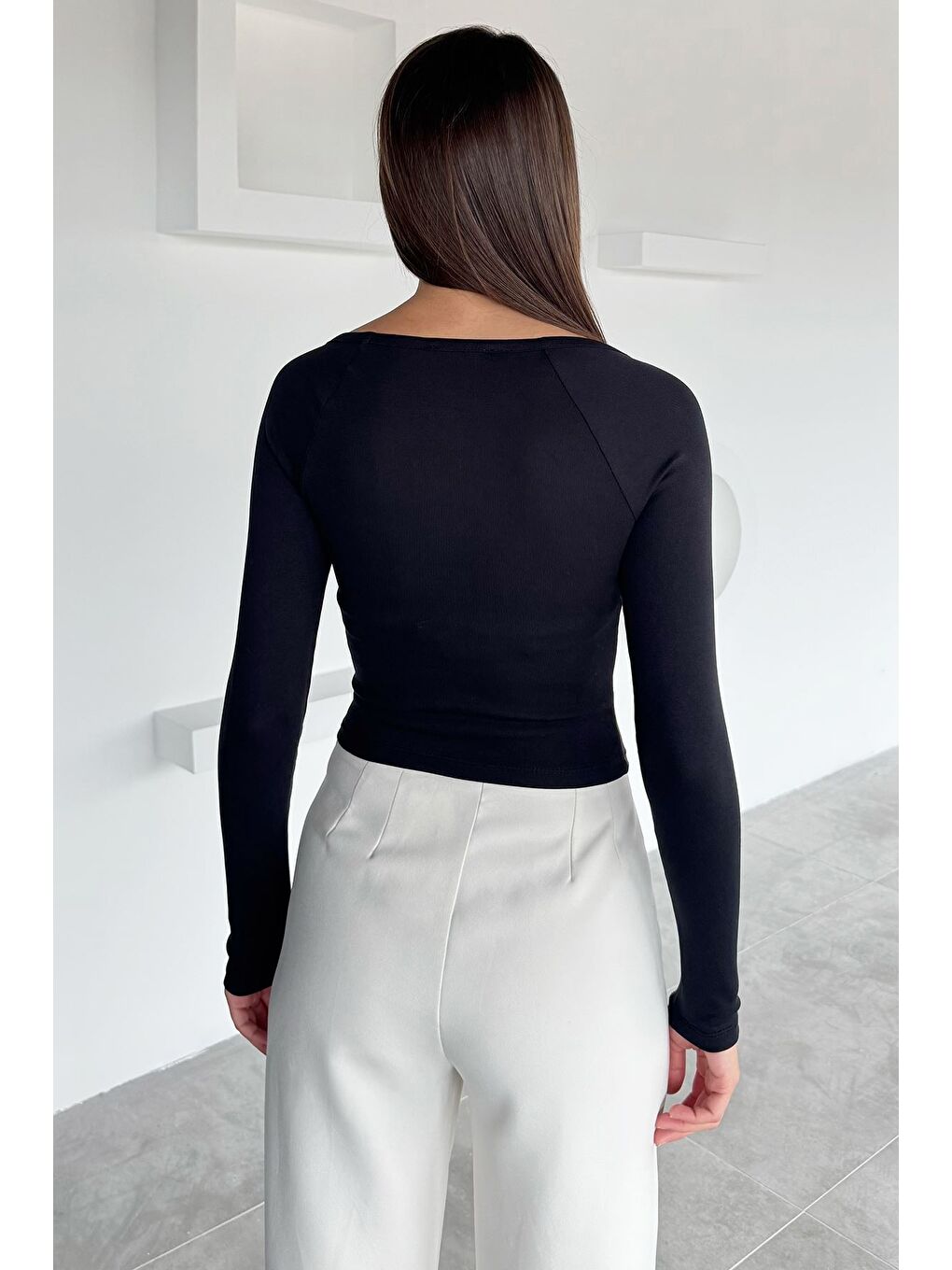 Siyah Kadın V Yaka Uzun Kol Elastanlı Slim Fit Body Bluz-3