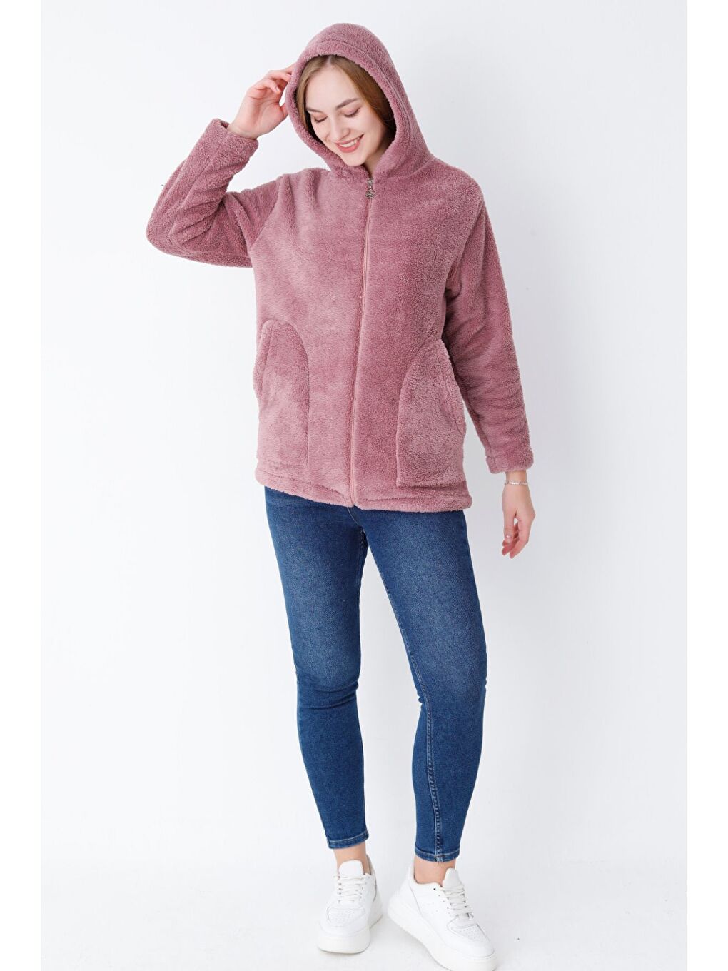 Kadın Lila Uzun Kollu Cepli Fermuarlı Kapüşonlu Pelüş Hırka-3
