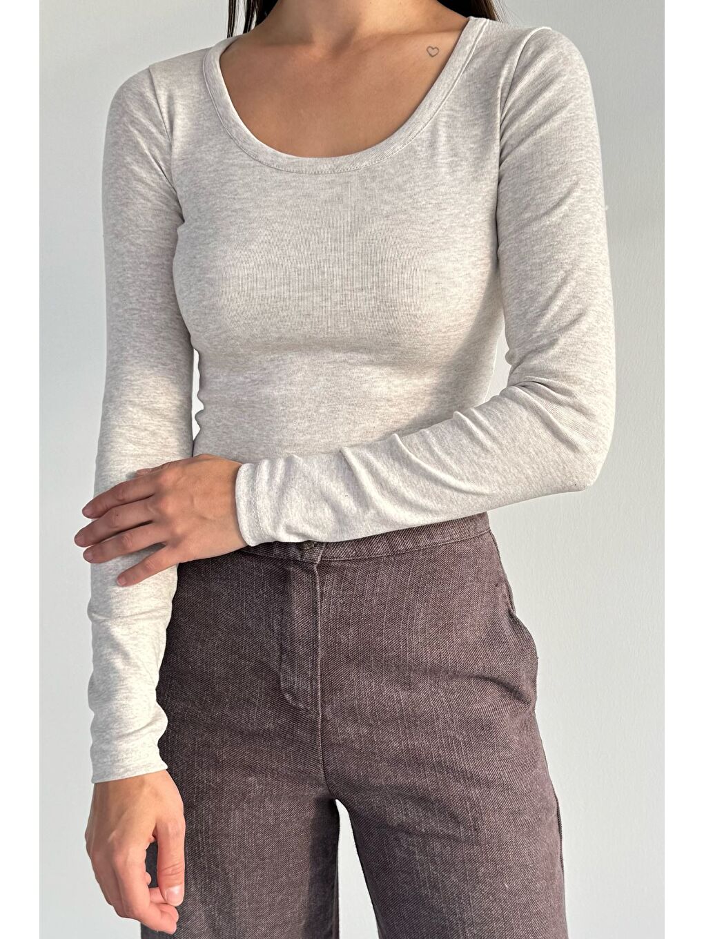 Bej Kadın Uzun Kol Basic Elastanlı Slim Fit Body Bluz-1