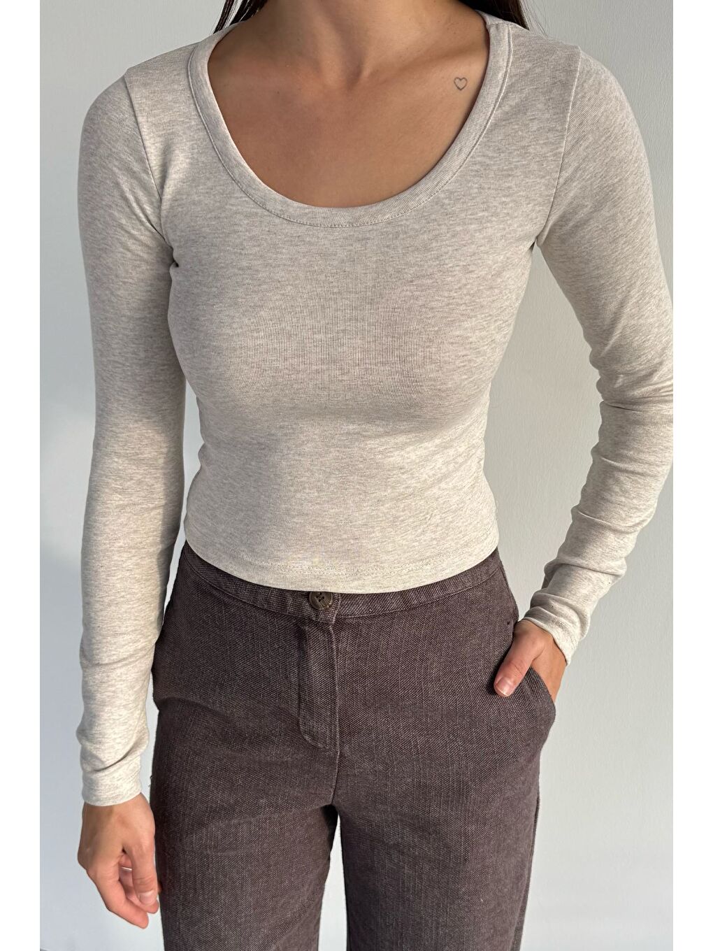 Bej Kadın Uzun Kol Basic Elastanlı Slim Fit Body Bluz-2