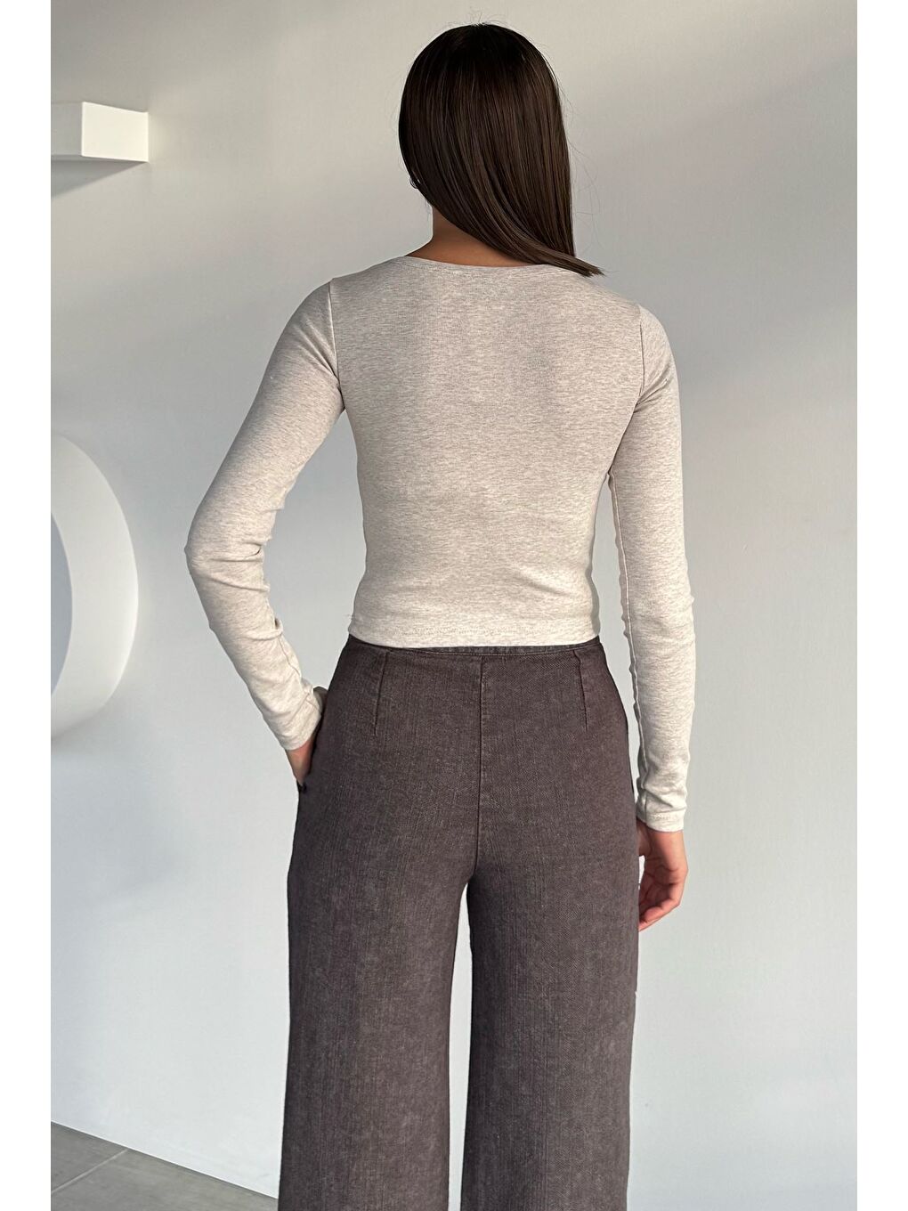 Bej Kadın Uzun Kol Basic Elastanlı Slim Fit Body Bluz-3