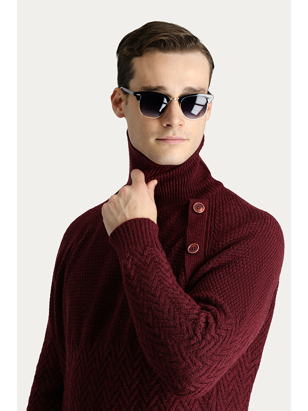 Bordo Balıkçı Yaka Slim Fit Dar Kesim Desenli Yünlü Triko Kazak