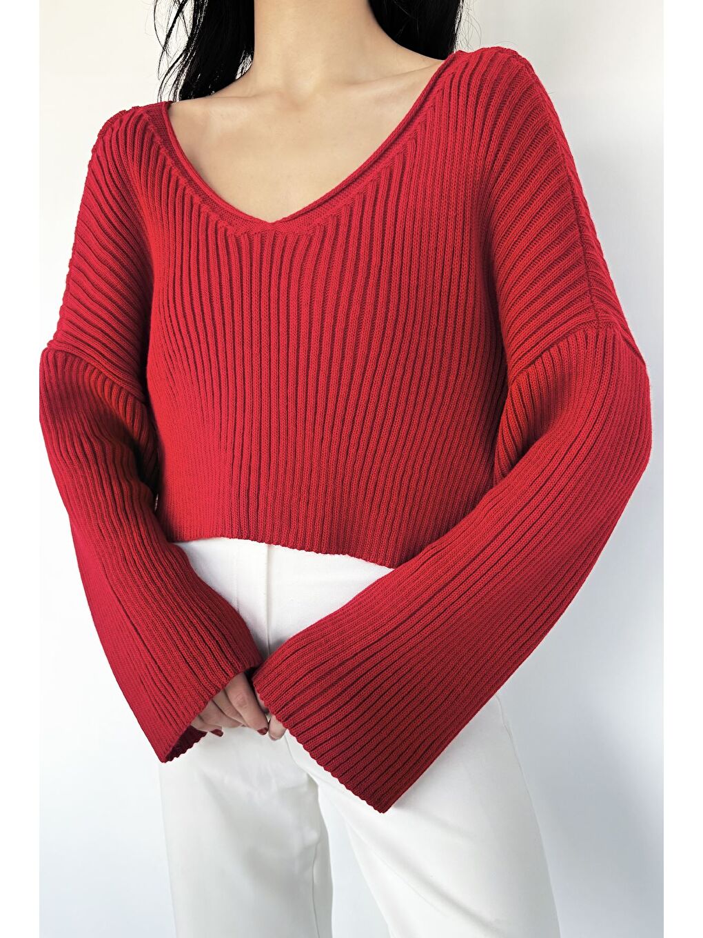 Kırmızı V Yaka Crop Top Salaş Triko Bluz
