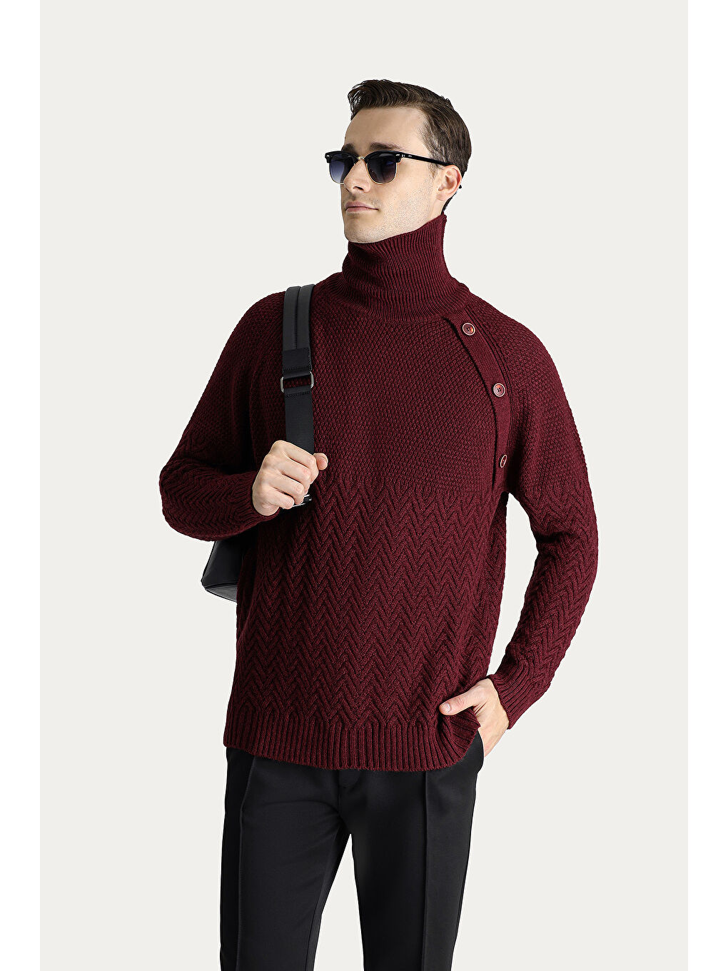 Bordo Balıkçı Yaka Slim Fit Dar Kesim Desenli Yünlü Triko Kazak-1