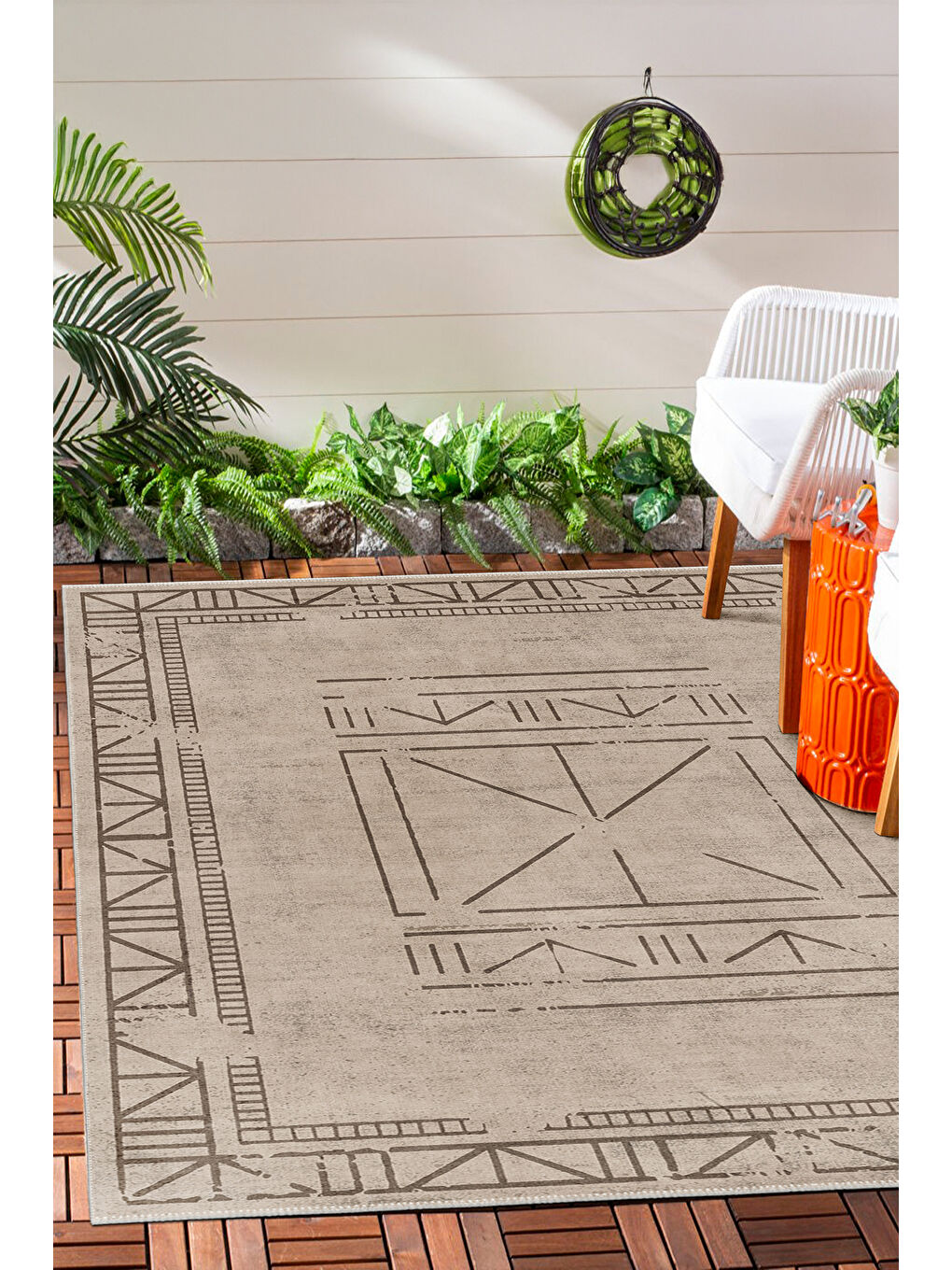 Bej Dekoratif Salon Halısı, Makinada Yıkanabilir, Kaymaz Taban, İnce & Modern Tasarım-1