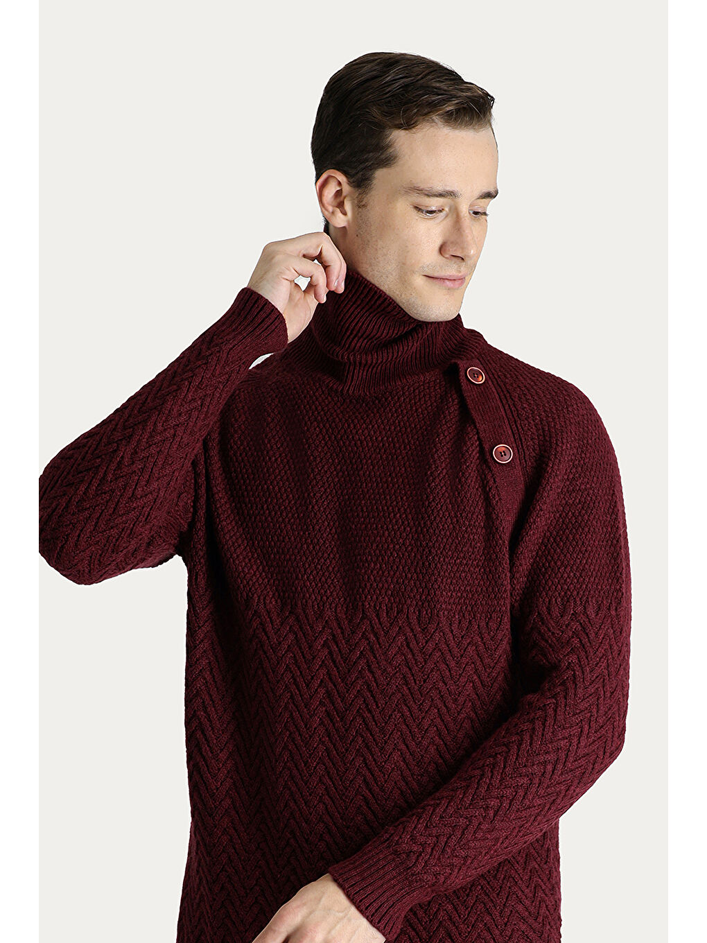 Bordo Balıkçı Yaka Slim Fit Dar Kesim Desenli Yünlü Triko Kazak-2