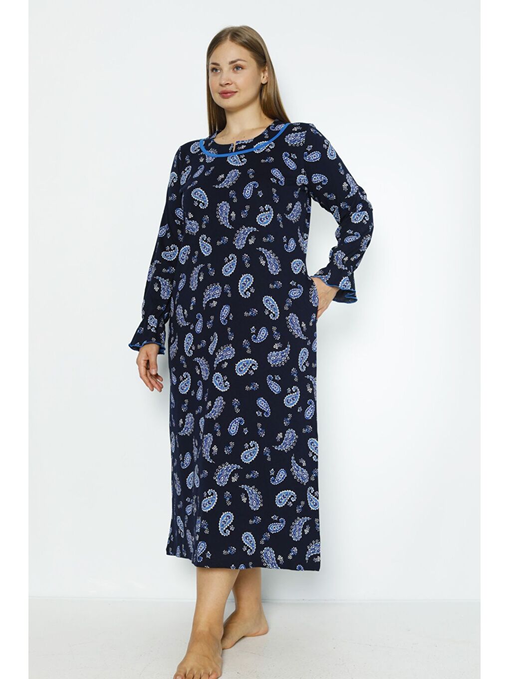 Kadın Lacivert Desenli Büyük Beden Uzun Kollu Biyeli Cepli Pamuklu Uzun Elbise-2