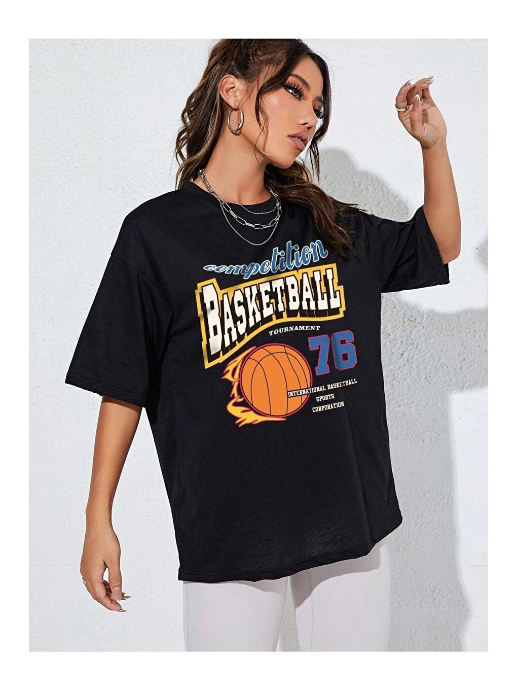 Trendseninle Siyah Kadın Siyah Basketball Tournament Baskılı Oversize Tişört - 2