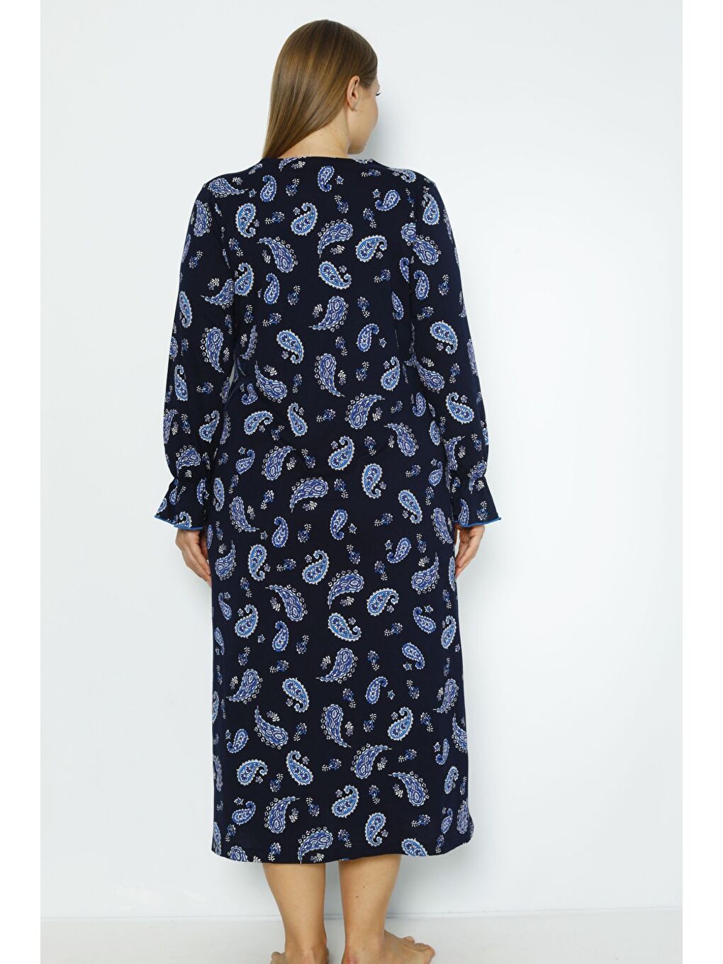 Kadın Lacivert Desenli Büyük Beden Uzun Kollu Biyeli Cepli Pamuklu Uzun Elbise-3