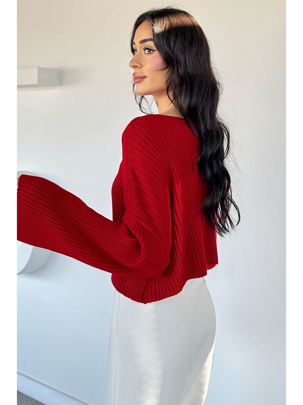 Kırmızı V Yaka Crop Top Salaş Triko Bluz-3