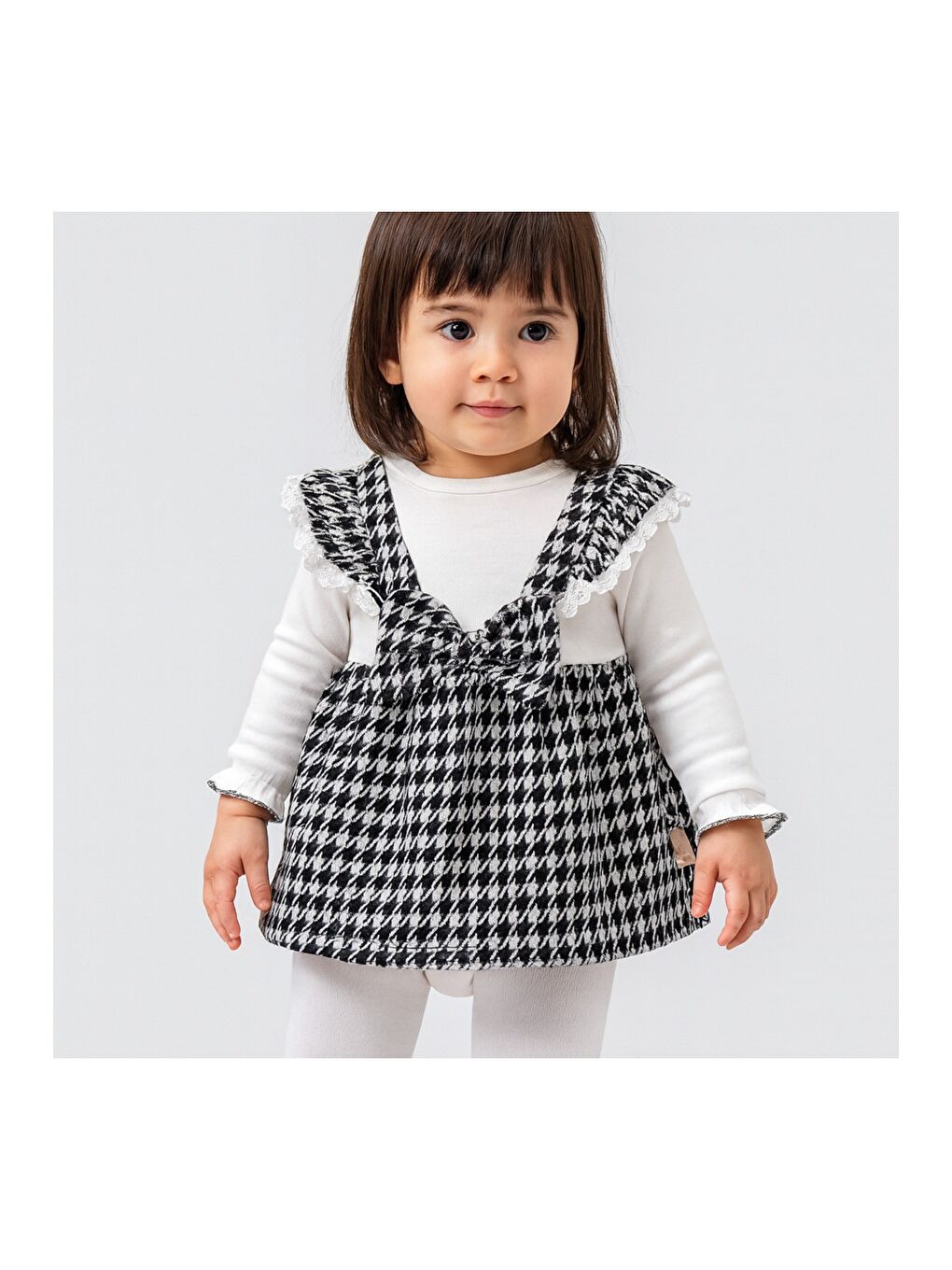 Siyah Ekose Desenli Fiyonklu Askılı Kız Bebek  Elbisesi-1