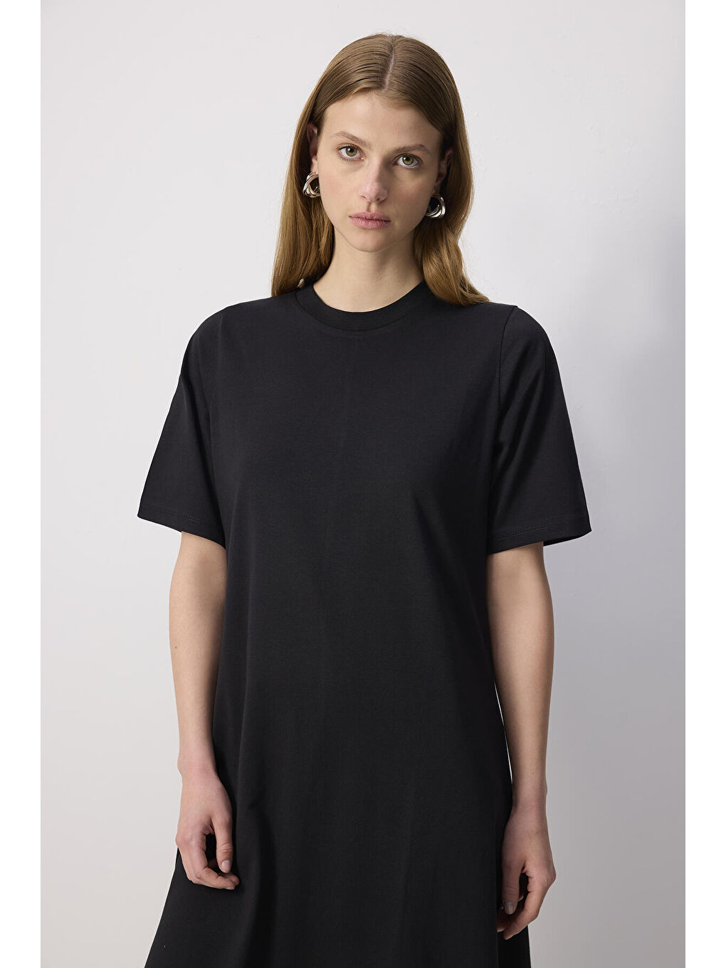 Siyah %100 Pamuklu Kısa Kollu Örme Elbise-1