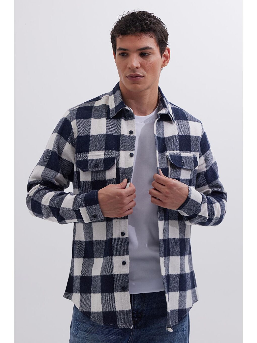 Karışık Erkek Slim Fit Dar Kesim Uzun Kollu Kapaklı Çift Cepli Kareli Kışlık Oduncu Gömlek-3