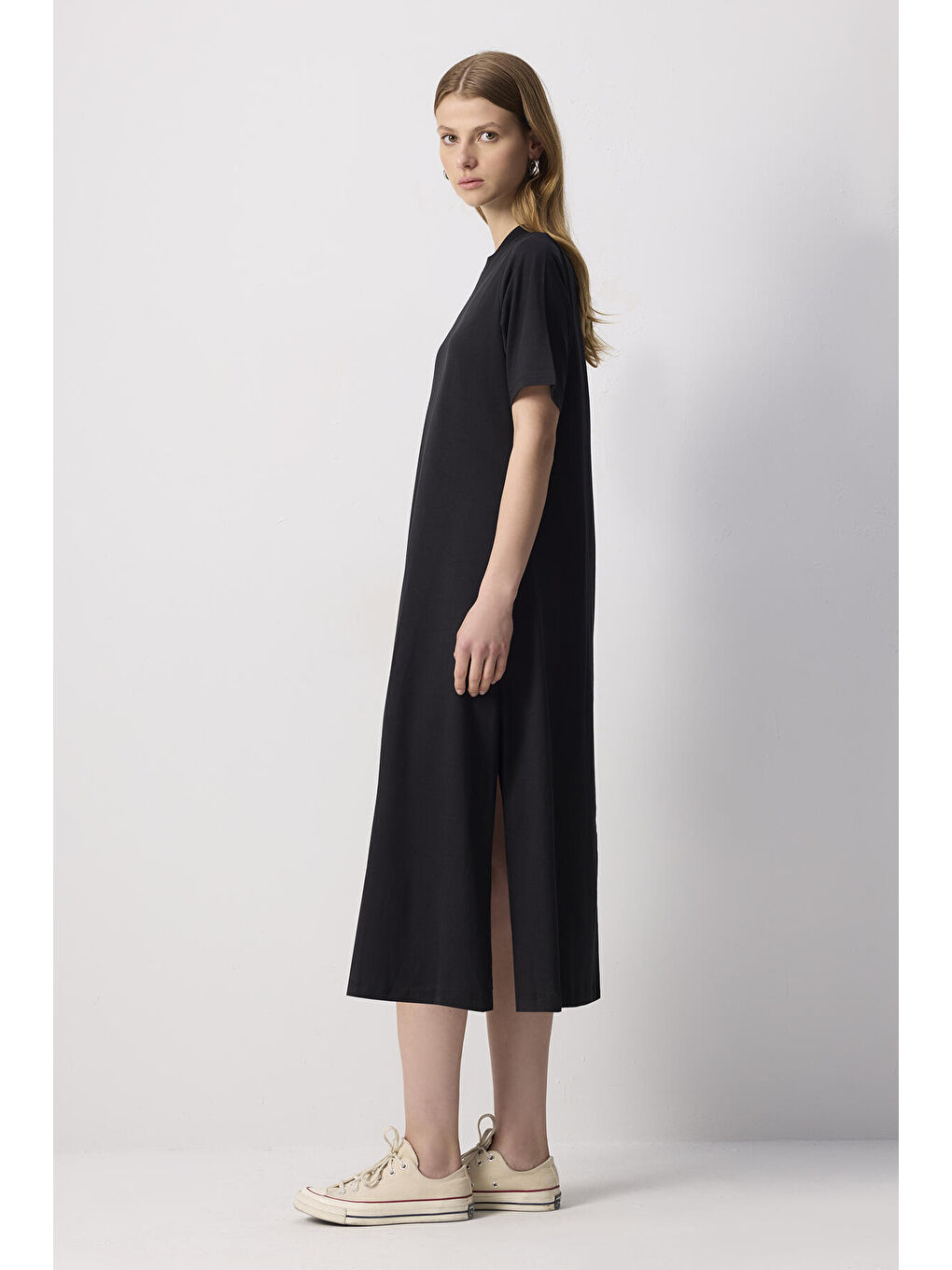 Siyah %100 Pamuklu Kısa Kollu Örme Elbise-2