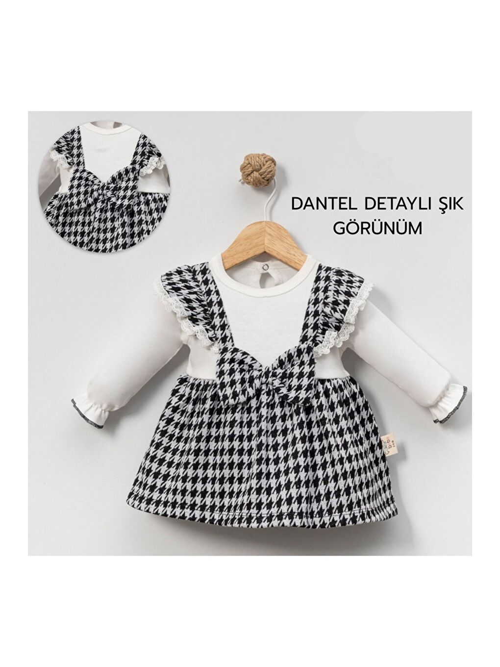 Siyah Ekose Desenli Fiyonklu Askılı Kız Bebek  Elbisesi-2