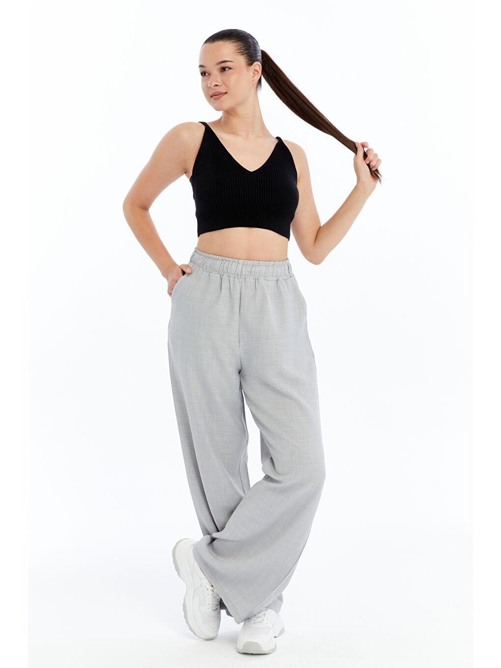 Gri Kadın Pantolon Keten Karışımlı Belİ Lastikli Kırışmaz Pantolon KETEN-PANTOLON-1