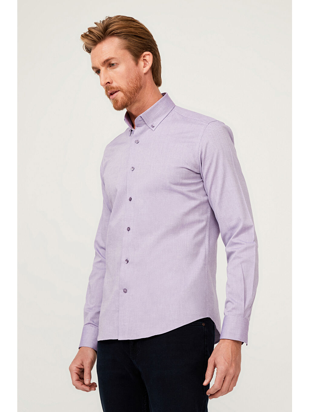 Lila Uzun Kol Slim Fit Dar Kesim Pamuk %100 Pamuk Gömlek