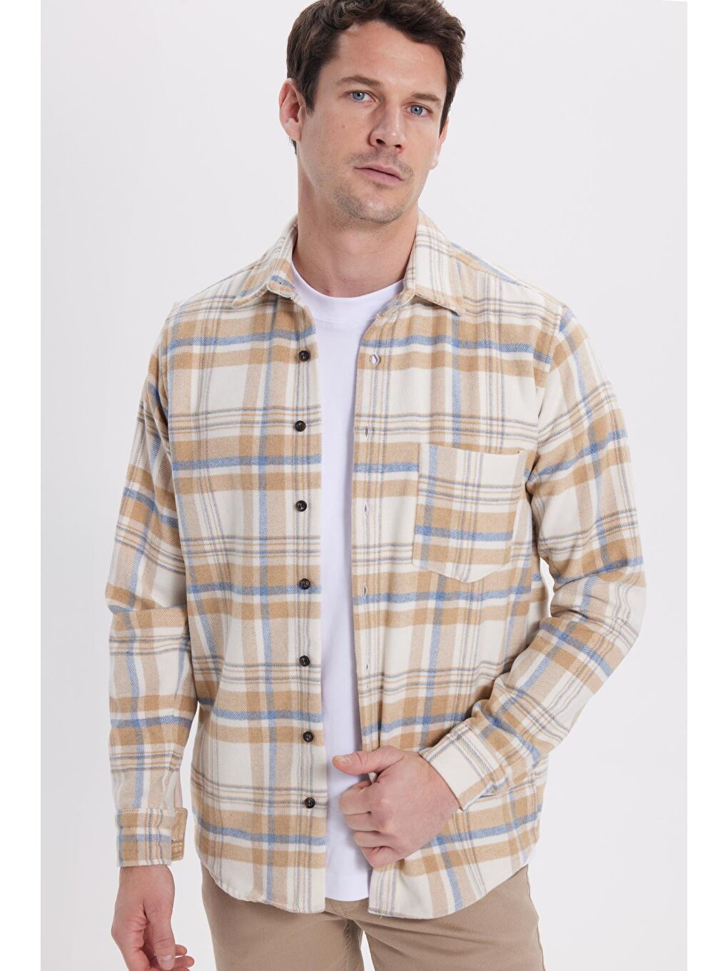 Ekru Erkek Regular Fit Rahat Kesim Kışlık Kareli Oduncu Gömlek
