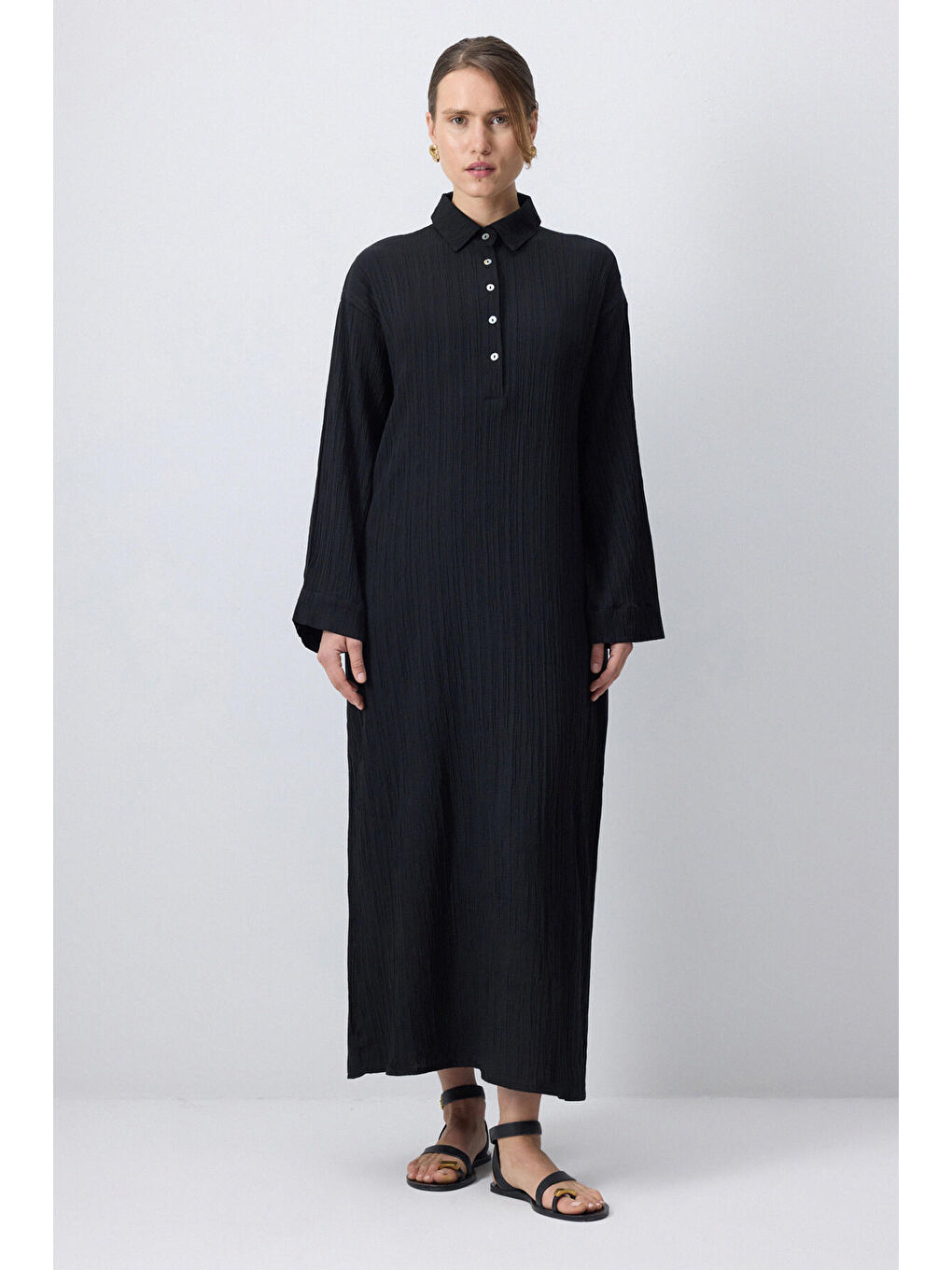 Siyah Gömlek Yaka Gofre Elbise