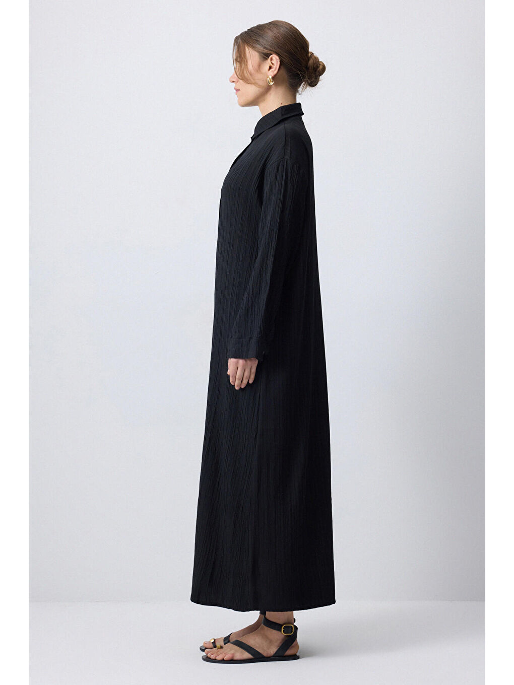 Siyah Gömlek Yaka Gofre Elbise-2