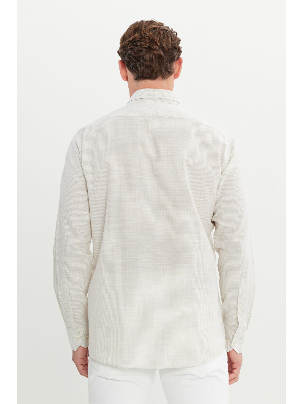 Erkek Bej %100 Pamuk Comfort Fit Rahat Kesim Düğmeli Yaka Çizgili Gömlek-4