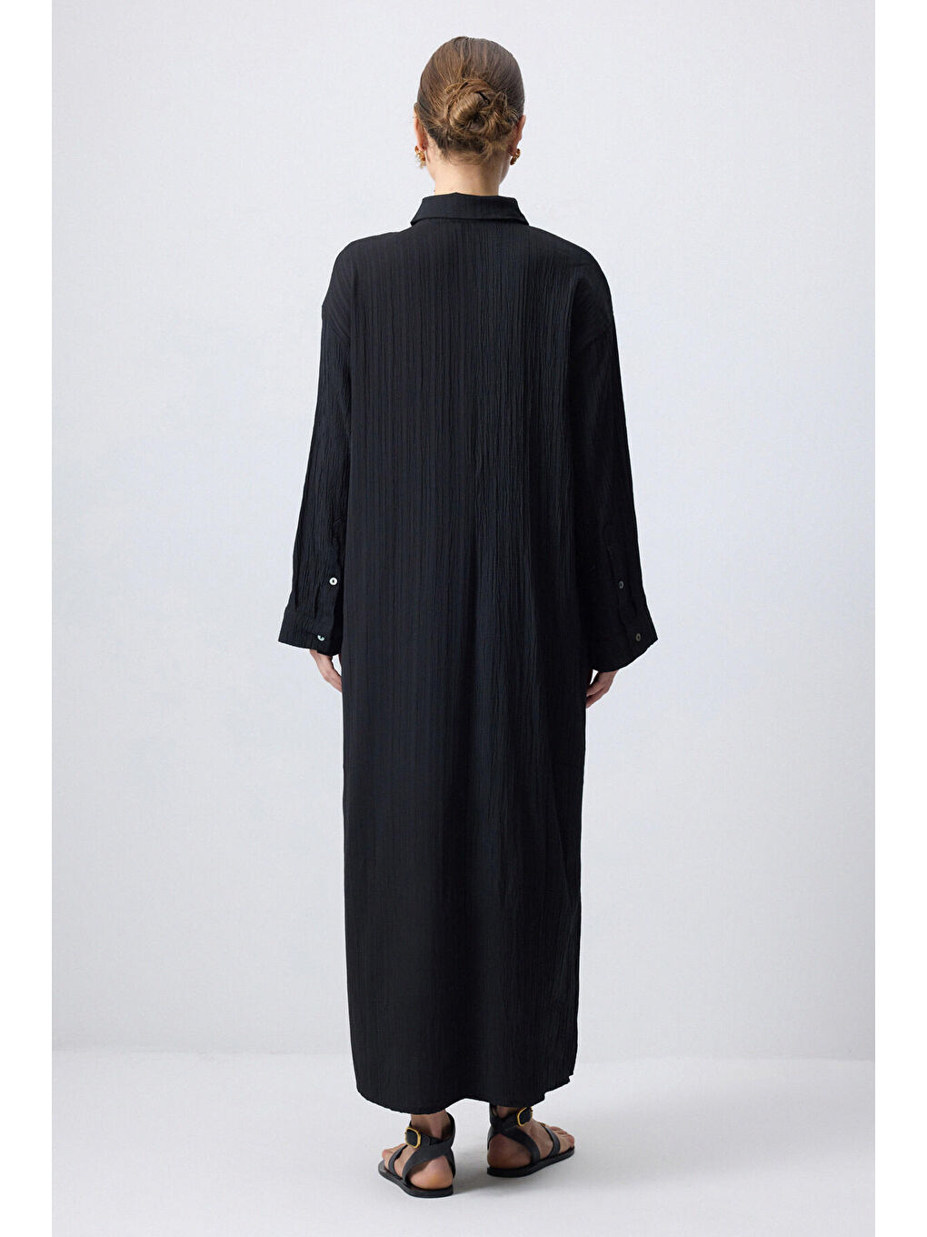 Siyah Gömlek Yaka Gofre Elbise-3