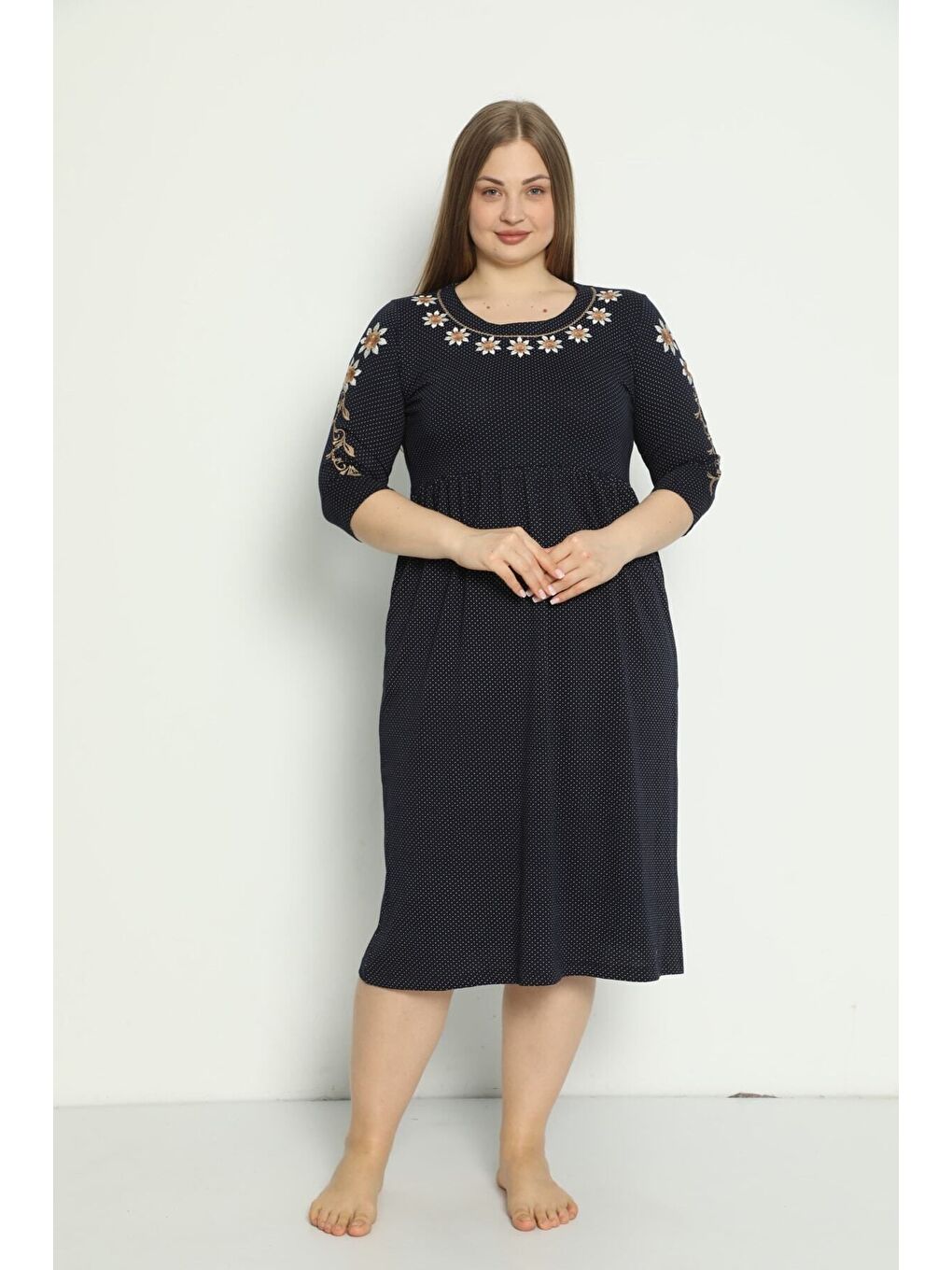 Lacivert Kadın Desenli Cepli Nakış Detaylı Büyük Beden Penye Modal Pamuklu Elbise-1