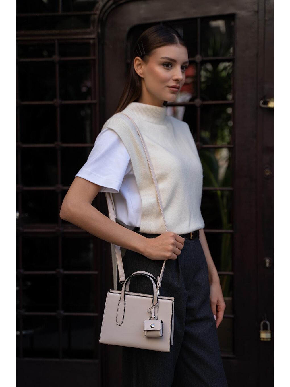 Ekru Safiano Küçük Shopper Kadın Çanta - Krem-1