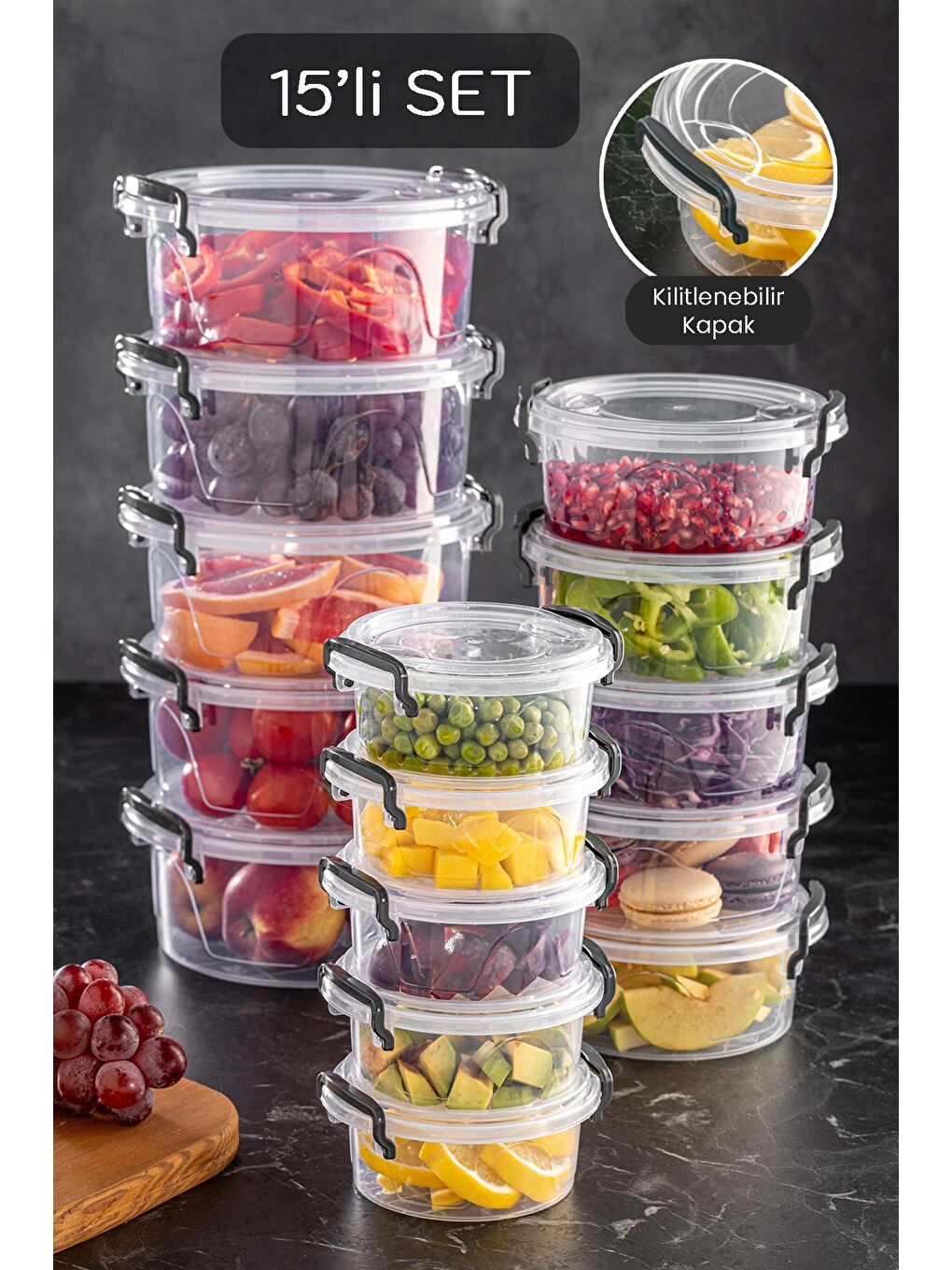 Renksiz 15'li Lenora Mega Set - Yuvarlak Kilitlenebilir Kapaklı Şeffaf Saklama Kabı 5x(300-600-1200 ml)