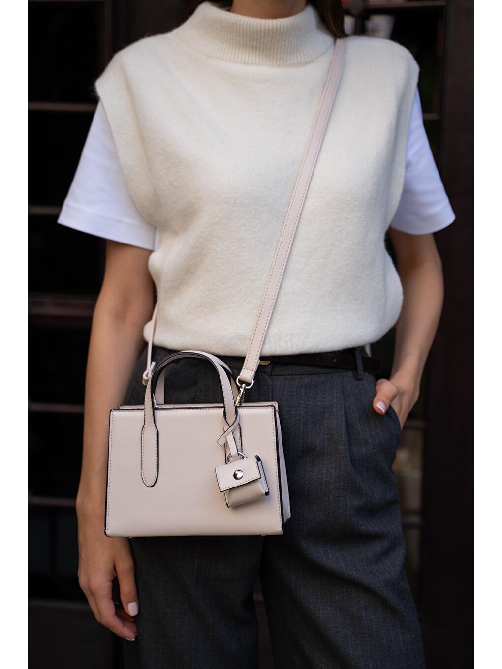 Ekru Safiano Küçük Shopper Kadın Çanta - Krem-2