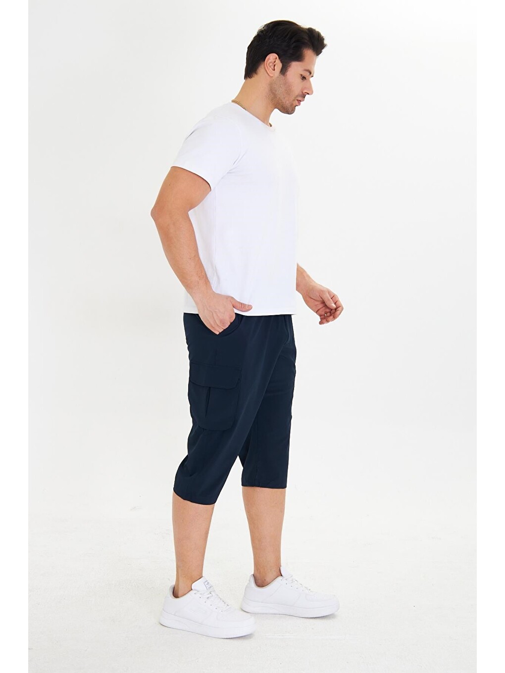 Erkek Büyük Beden Stretchfit Kargo Cepli Esnek Kapri Lacivert -6035b-2