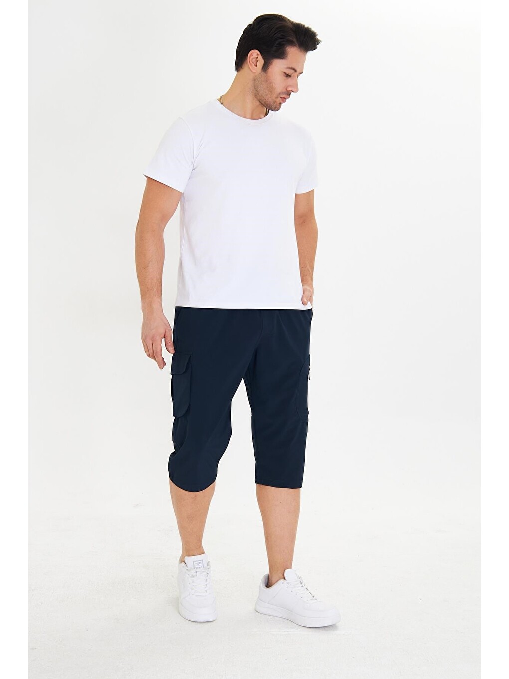 Erkek Büyük Beden Stretchfit Kargo Cepli Esnek Kapri Lacivert -6035b-3