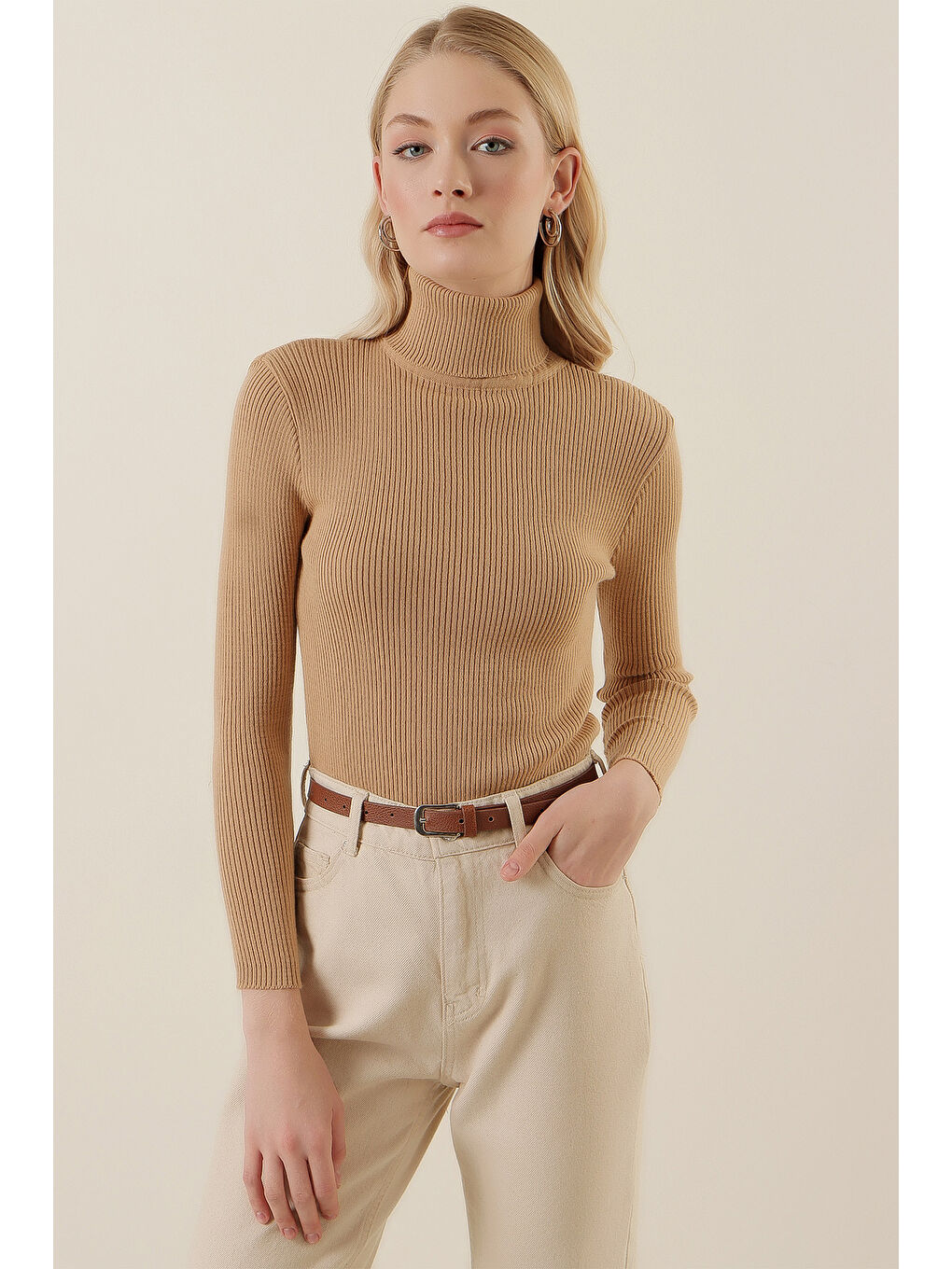 15796 Balıkçı Yaka Fitilli Kazak - Bej