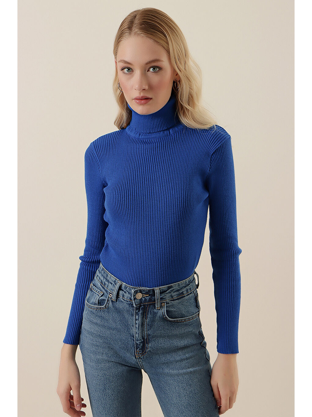 Mavi 15796 Balıkçı Yaka Fitilli Kazak - Saks