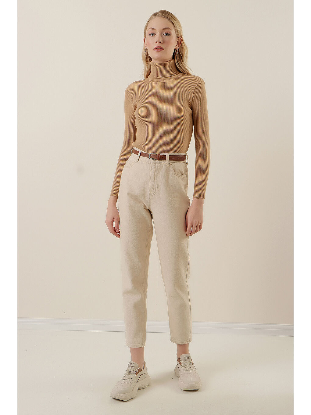 15796 Balıkçı Yaka Fitilli Kazak - Bej-1