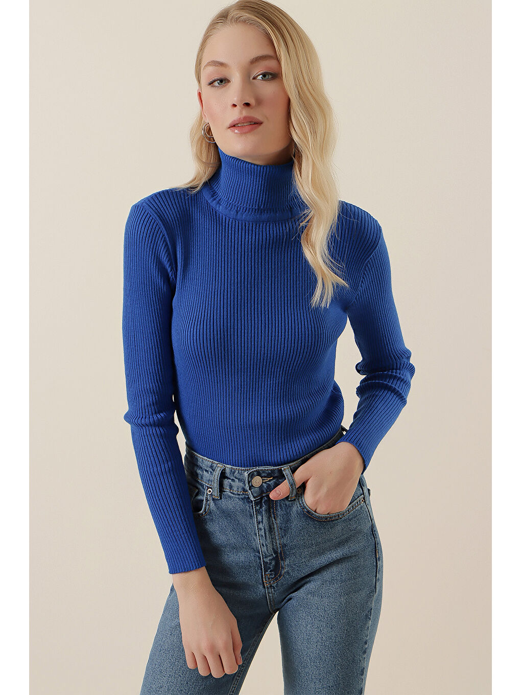 Mavi 15796 Balıkçı Yaka Fitilli Kazak - Saks-1