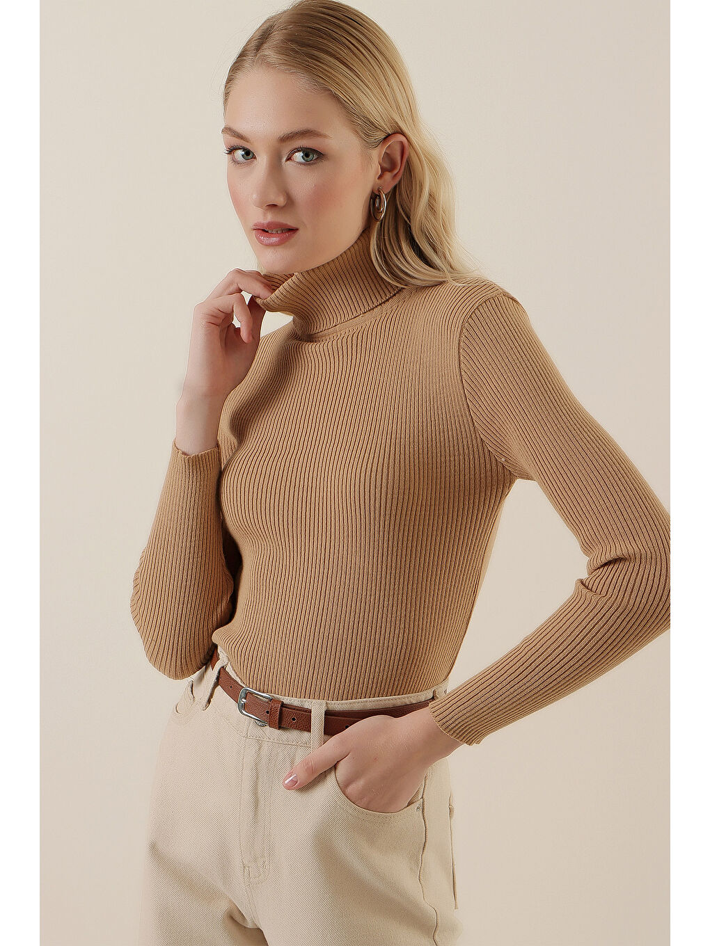 15796 Balıkçı Yaka Fitilli Kazak - Bej-2