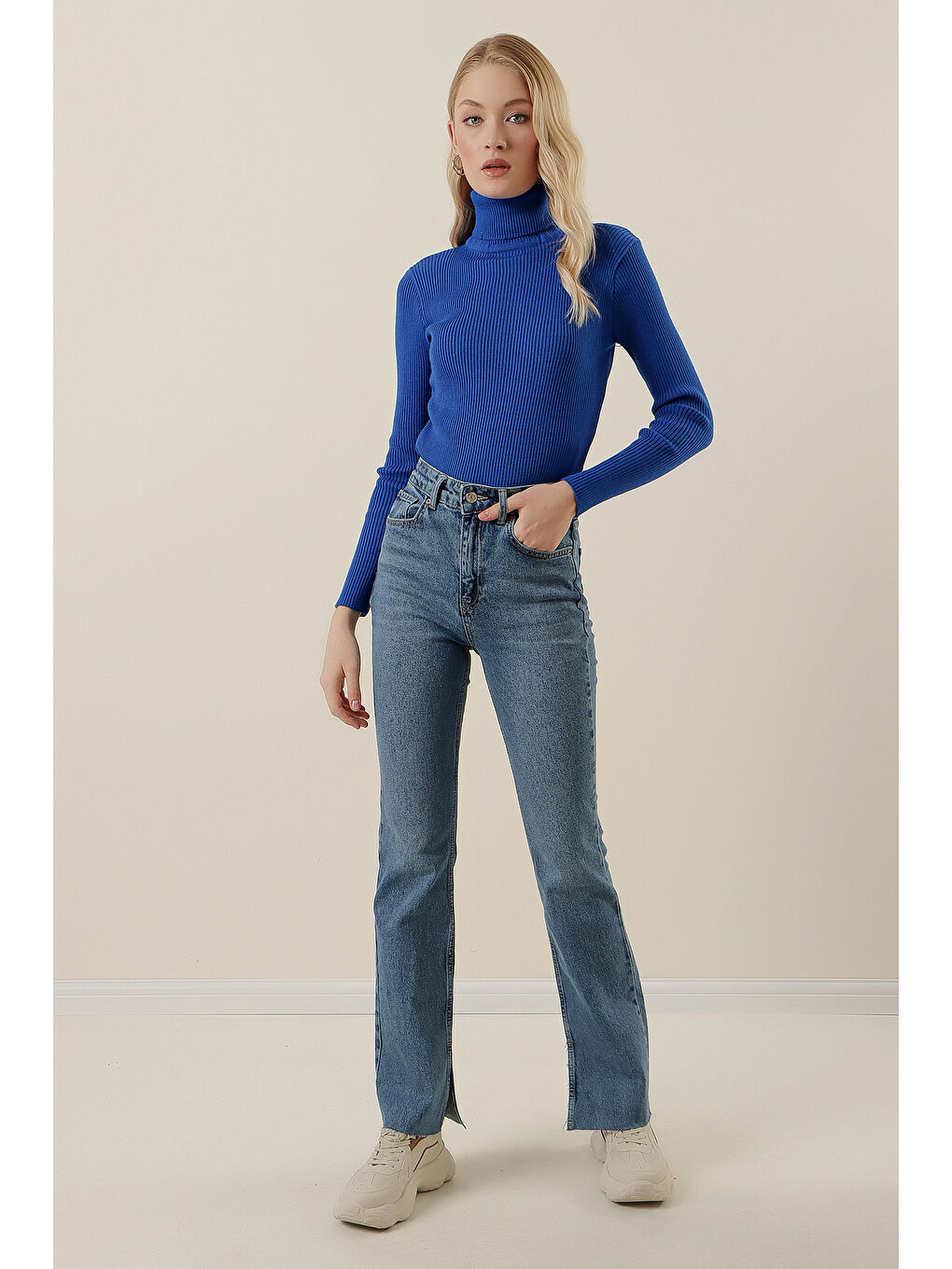 Mavi 15796 Balıkçı Yaka Fitilli Kazak - Saks-2