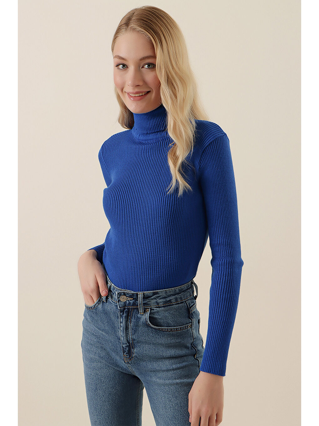 Mavi 15796 Balıkçı Yaka Fitilli Kazak - Saks-3