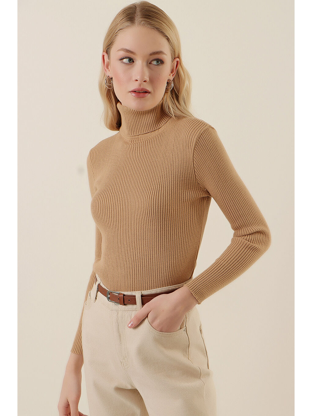 15796 Balıkçı Yaka Fitilli Kazak - Bej-3